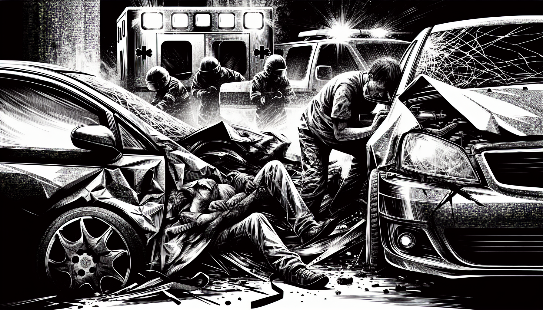 Illustration of a car accident scene with injured individuals