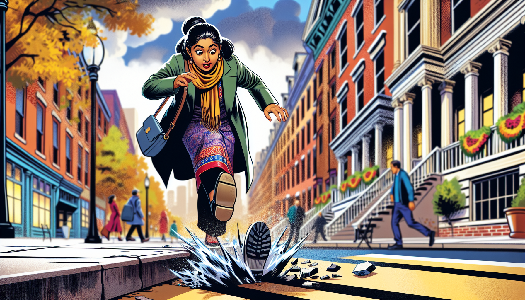 Cartoon illustration of a person tripping on uneven pavement