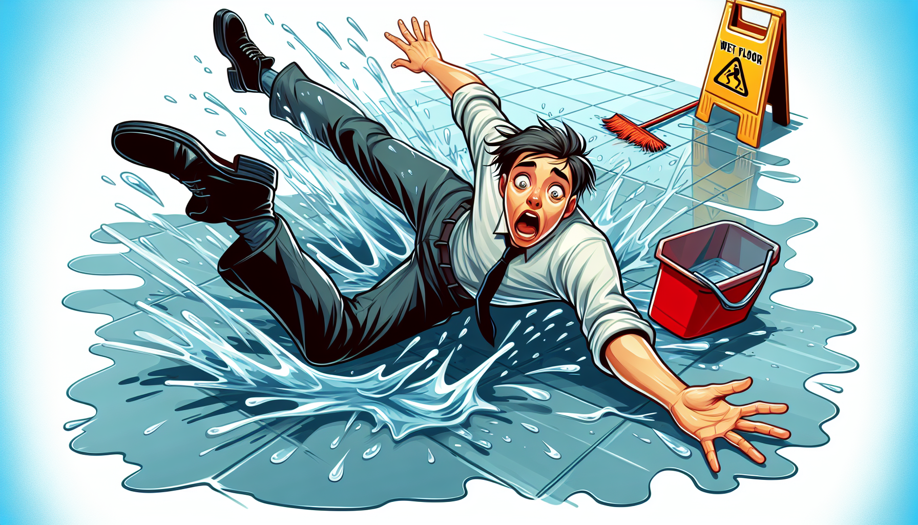 Illustration of a person slipping on a wet floor and falling