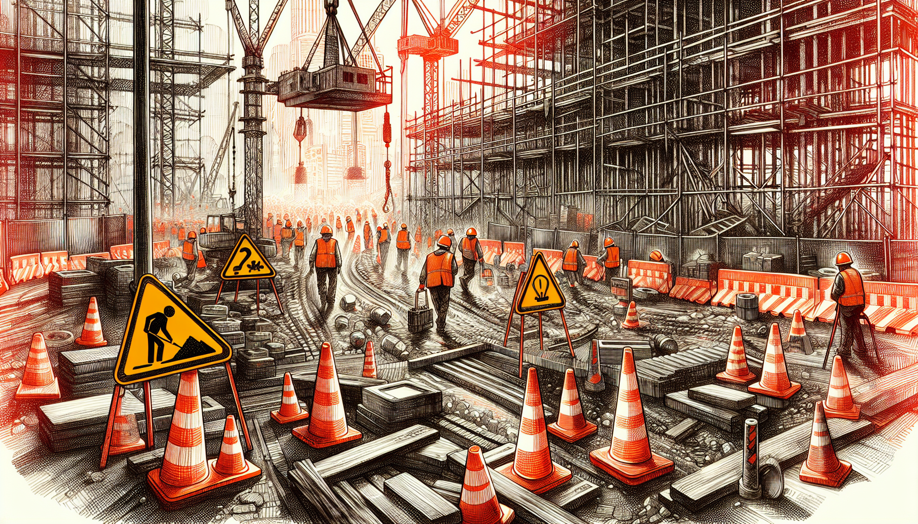 Construction site with safety cones and hard hats